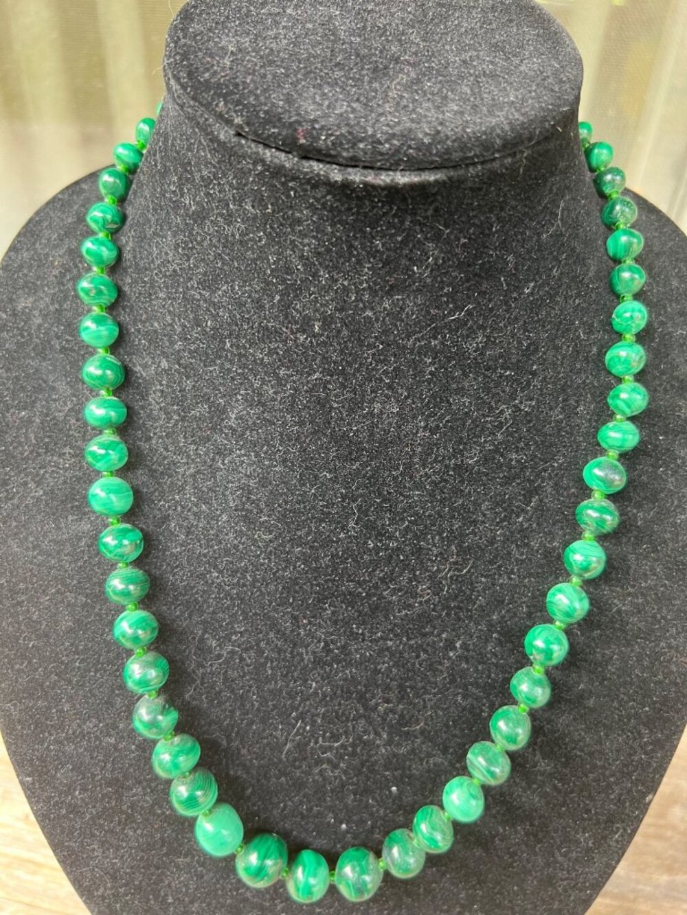 Vintage Malachite Graduated Bead Necklace 24” Green Stone Glass Spacers